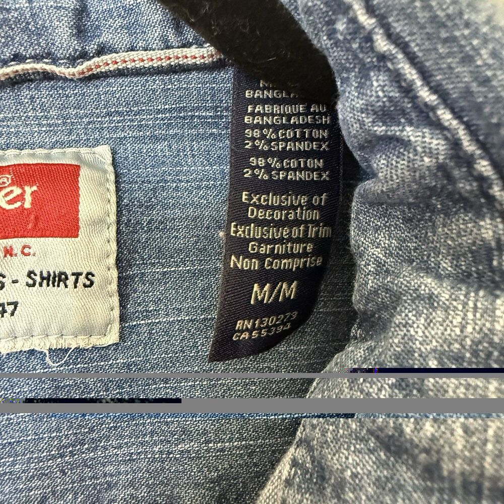 Wrangler Size Medium Indigo Chambray Brown Pearl Snap Button Down Western  Rodeo - Picture 10 of 10